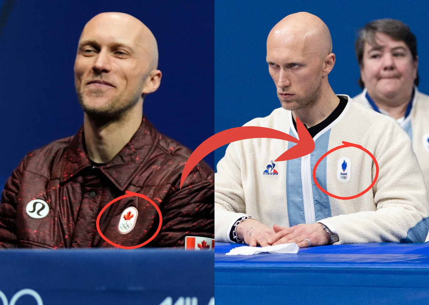 Benoit Richaud podczas igrzysk olimpijskich Mediolan-Cortina Mężczyzna z ogoloną głową sfotografowany w dwóch różnych stylizacjach i nastrojach, po lewej ubrany w bordową kurtkę z kanadyjskim symbolem, po prawej w jasny sweter z niebieskim logo, w tle widoczna kobieta.