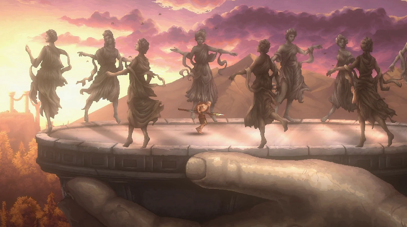 God of War Sons of Sparta Postacie przypominające antyczne boginie lub muzy tańczące w kręgu na wysokim podwyższeniu podtrzymywanym przez wielką rzeźbiarską dłoń, na tle gór i rozświetlonego zachodem słońca nieba.