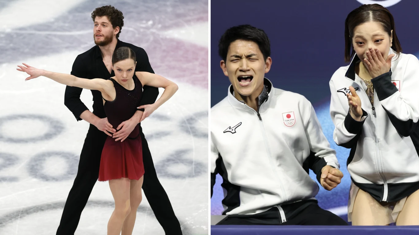 Julia Szczecinina i Michał Woźniak, Riku Miura i Ryuichi Kiha Para łyżwiarzy figurowych wykonuje układ, mężczyzna trzyma partnerkę za talię podczas jazdy po lodzie, po prawej stronie dwójka sportowców w strojach reprezentacyjnych wyraża radość i zaskoczenie, siedząc na ławce.