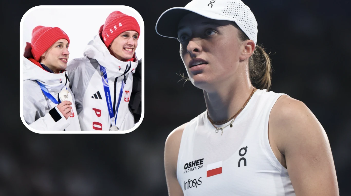 Iga Świątek zareagowała na medal Kacpra Tomasiaka i Pawła Wąska Zbliżenie skoncentrowanej tenisistki w białym stroju i czapce, z widocznym logotypem na koszulce, po lewej stronie wstawka z dwoma uśmiechniętymi osobami w zimowych kurtkach i czapkach z napisem Polska oraz medalami na szyi.