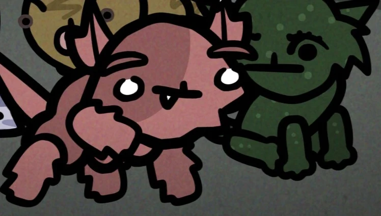 Mewgenics Dwie kreskówkowe postacie o zwierzęcych cechach, jedna różowa z wyrazistymi oczami i kłami, druga zielona z krótkimi łapkami i dużymi oczami, obie siedzą blisko siebie na szarym tle.