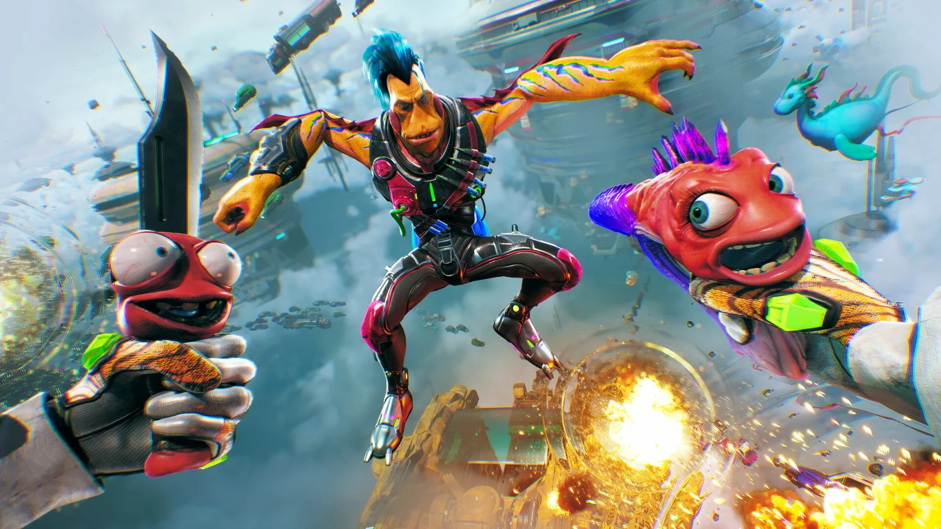 Barwna, dynamiczna scena science fiction z humanoidalną postacią o niebieskich włosach w dynamicznej pozie, trzymającą dwie gadające, kreskówkowe bronie, w tle futurystyczne statki i eksplozje na niebie, a po prawej stronie widoczny smok.