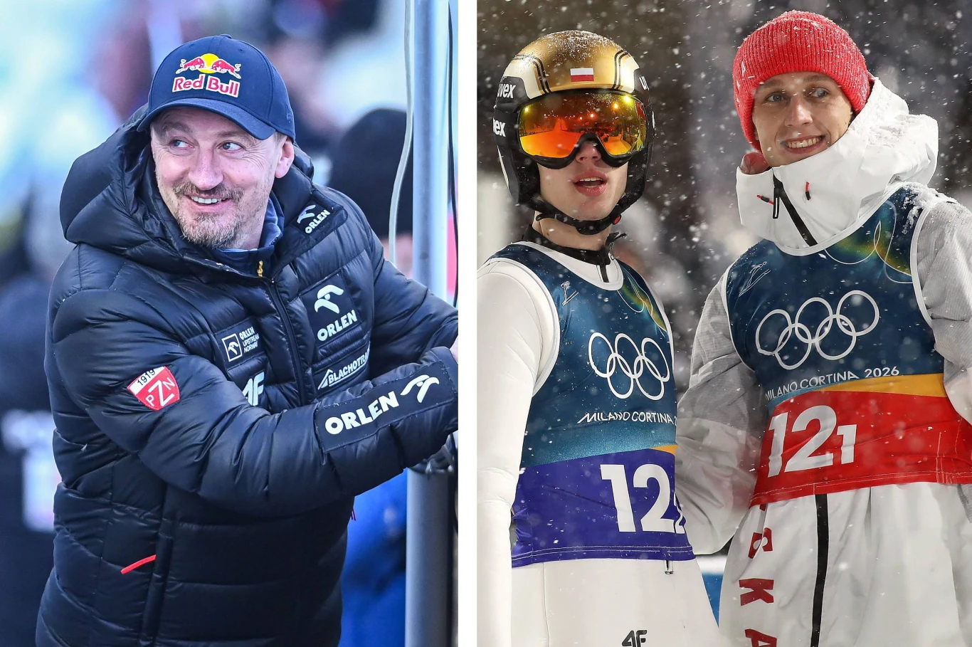 Adam Małysz, Kacper Tomasiak, Paweł Wąsek Po lewej stronie mężczyzna w sportowej kurtce z logo Red Bull i Orlen, uśmiechnięty, patrzący w bok, po prawej dwie osoby ubranych w stroje narciarskie i olimpijskie, ze śniegiem w tle, jedna nosi kask i gogle, druga czerwono-białą czapkę.