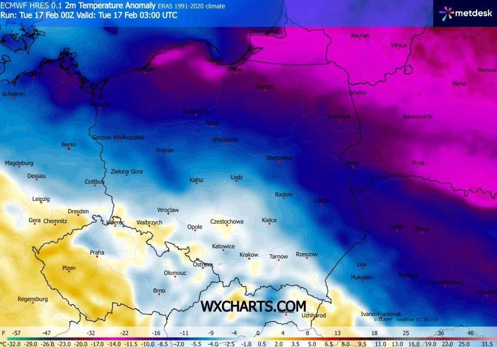 Północny wschód wciąż będzie najzimniejszym rejonem Polski. Na południu z kolei w ciągu dnia może być kilka stopni ciepła Mapa anomalii temperatur powietrza w Europie Środkowej z wyraźnym ochłodzeniem na wschodzie i północy Polski, przechodzącym stopniowo w cieplejsze barwy na południowym zachodzie. Oznaczenia miast i granic państw.