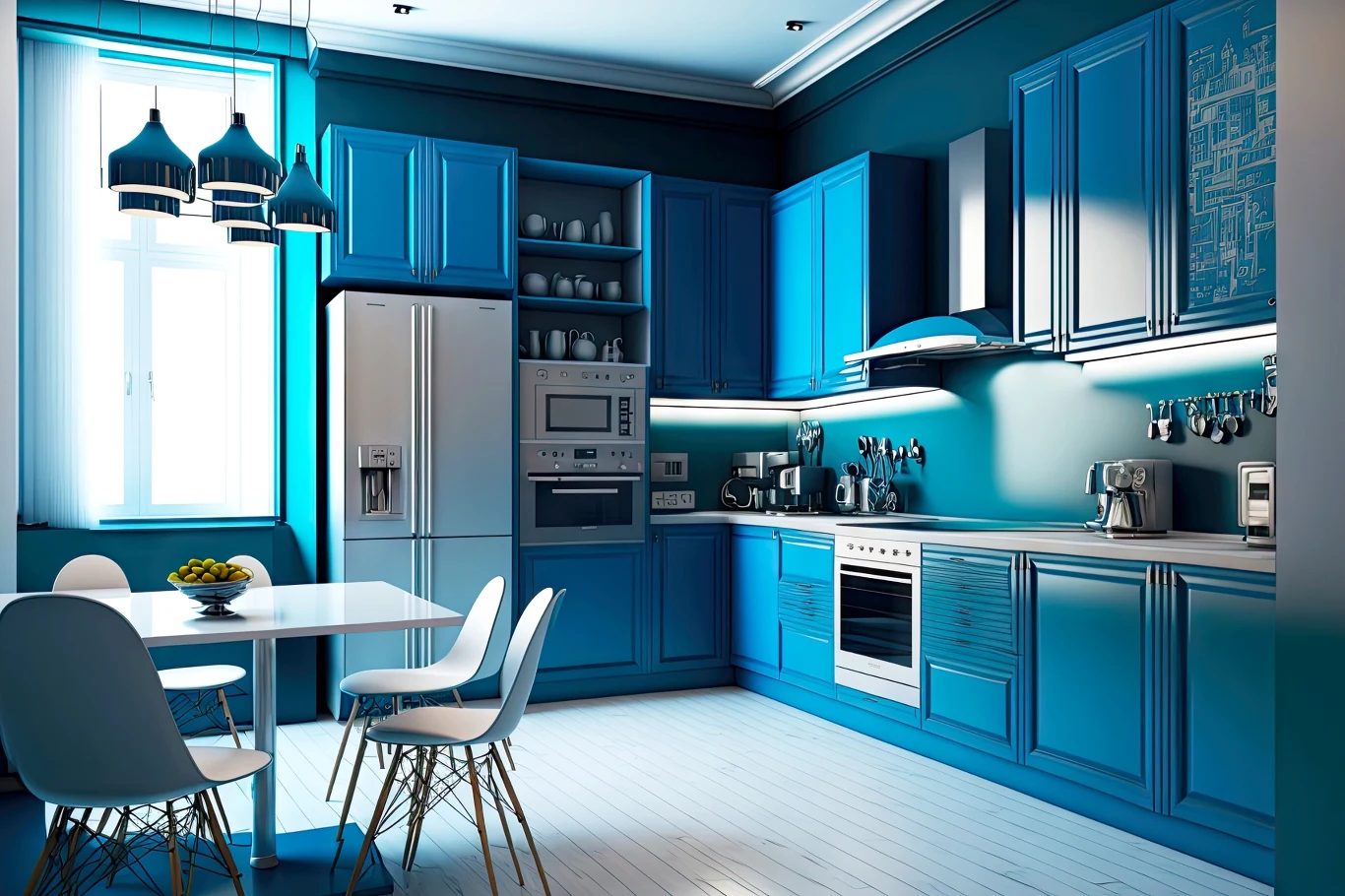 Nowoczesna kuchnia urządzona w odcieniach niebieskiego z pełnym wyposażeniem AGD, jasnym stołem i czterema białymi krzesłami, oświetlona oknem i lampami wiszącymi.