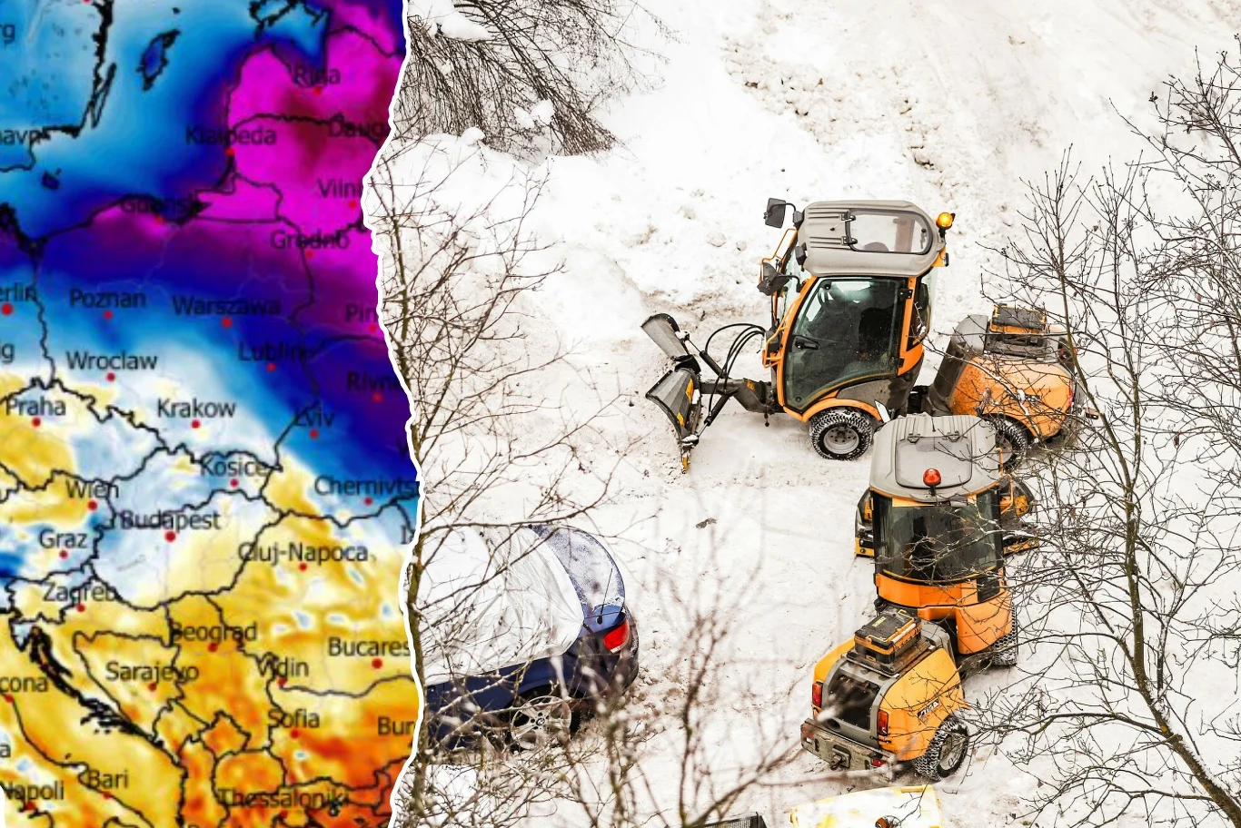 W wielu miejscach kraju we wtorek przelotnie popada śnieg, a lokalnie na południu również śnieg z deszczem i sam deszcz. Miejscami może być ślisko Dwa pługopiaskarki odśnieżają zaśnieżoną ulicę obok zasypanego śniegiem samochodu, po lewej stronie widoczna kolorowa mapa pogody ilustrująca strefy zimna w Europie Środkowej.