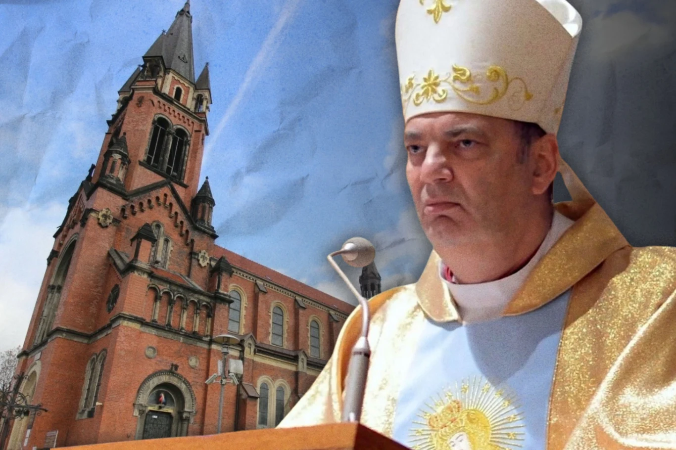 W raporcie wskazano na nieprawidłowości ze strony władz diecezji. Daty wskazują na to, że miał dopuścić się ich biskup Grzegorz Kaszak (na zdjęciu), kolaż: Lidia Ławecka Biskup w szatach liturgicznych przemawia przy ambonie, w tle widoczny gotycki kościół z cegły i niebieskie niebo.