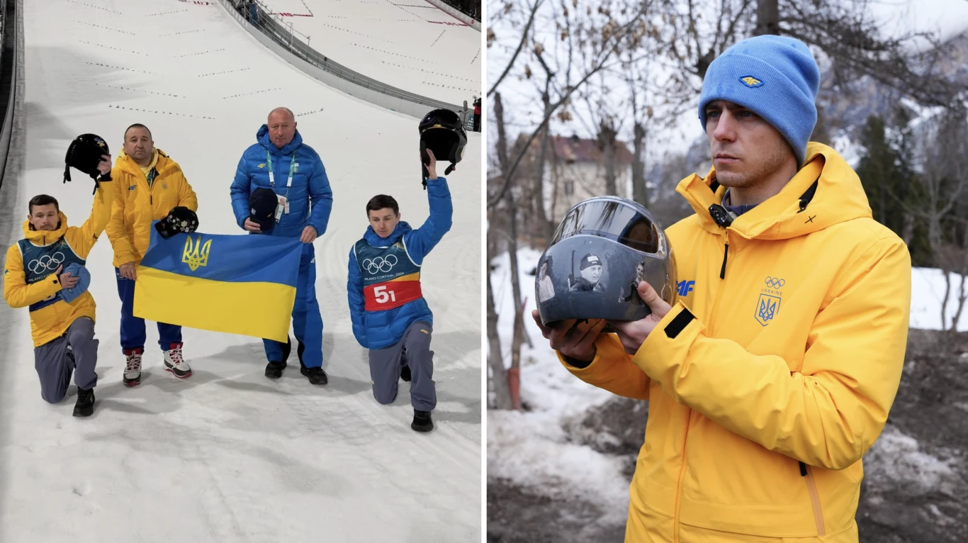 Jewhen Marusiak i Witalij Kaliniczenko zabrali głos ws. dyskwalifikacji Władysława Heraskewycza Czterech sportowców w strojach olimpijskich, trzymających ukraińską flagę i kaski, przyklęka na śnieżnej trasie skoczni, obok stoi trener. Druga część pokazuje sportowca w żółtym stroju i niebieskiej czapce, trzymającego kask ze zdjęciem na tle zimoweg...