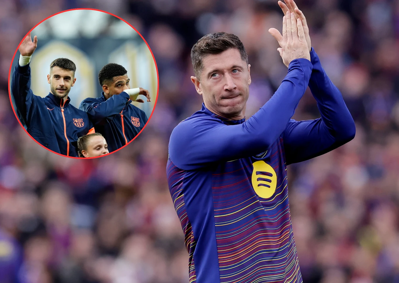 Joan Garcia uratował Lewandowskiego przed kolejnym blamażem Piłkarz w sportowym stroju podnosi ręce do oklasków na stadionie podczas wydarzenia sportowego, w tle rozmyta publiczność. W lewym górnym rogu znajduje się wstawione okrągłe zdjęcie dwóch innych sportowców, również gestykulujących rękami.