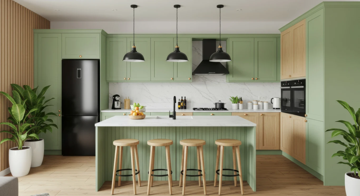 Nowoczesna kuchnia z zielonymi szafkami, dużą wyspą kuchenną, czarnymi i stalowymi sprzętami AGD, trzema wiszącymi lampami, czterema drewnianymi stołkami i ozdobnymi roślinami w białych donicach.