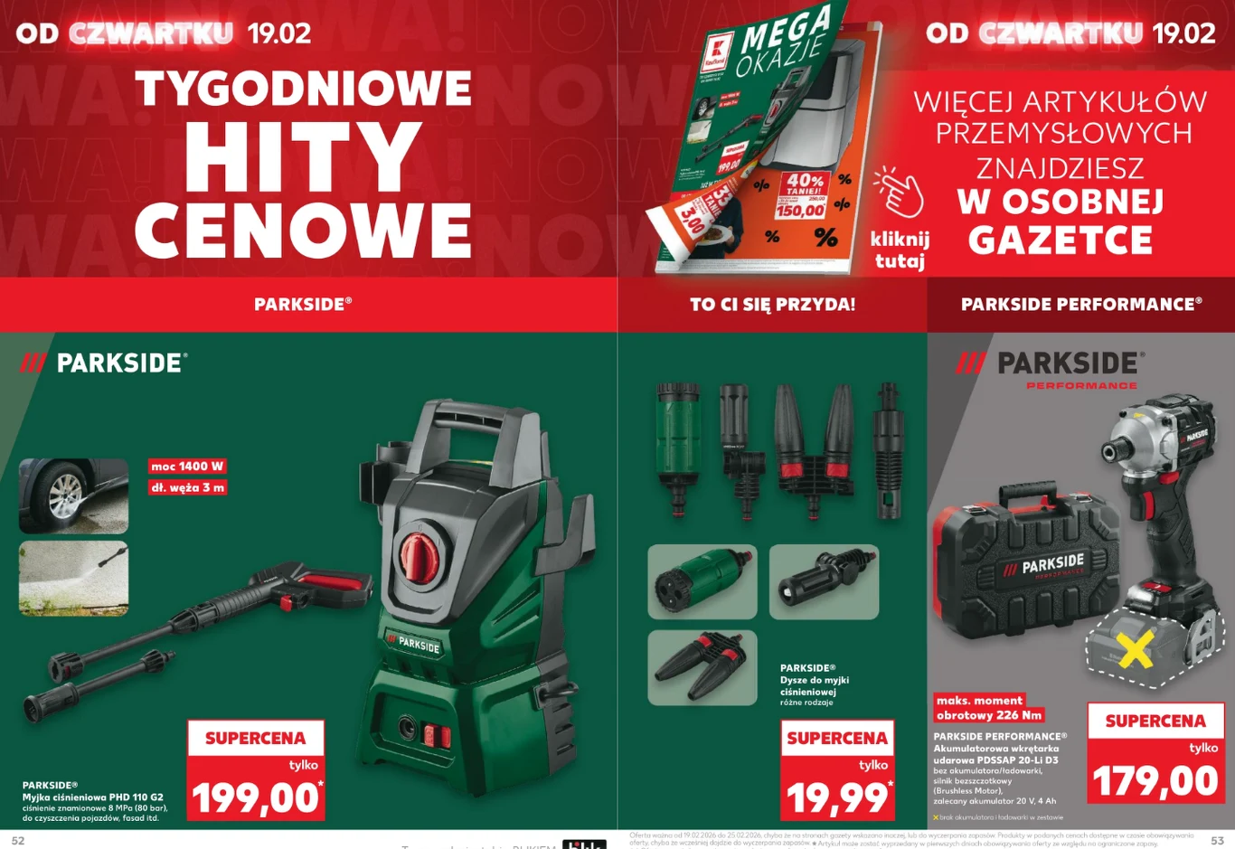 Nowa wiosenna oferta narzędzi Parkside – myjka ciśnieniowa, urządzenia czyszczące i sprzęt warsztatowy od 19.02. Źródło: gazetka Kaufland, str. 52-53