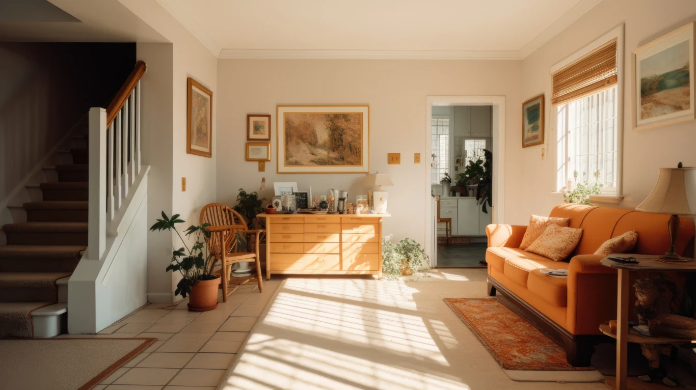 Jasny i przytulny salon z pomarańczową sofą, drewnianą komodą, zielonymi roślinami doniczkowymi oraz licznymi obrazami na ścianach. Wnętrze oświetlone naturalnym światłem wpadającym przez duże okna, z widokiem na klatkę schodową i fragment kuchni.