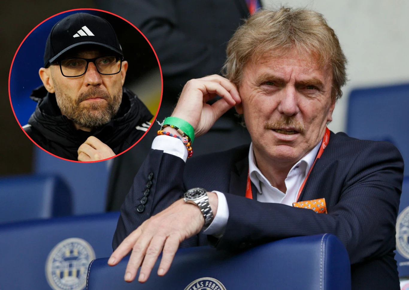 Boniek dosadnie o przyszłości Legii i Papszuna Mężczyzna w garniturze siedzący na stadionie, opierający się o niebieskie oparcie krzesła oraz mężczyzna w okularach i czapce, widoczny w okrągłej wstawce z lewej strony kadru.