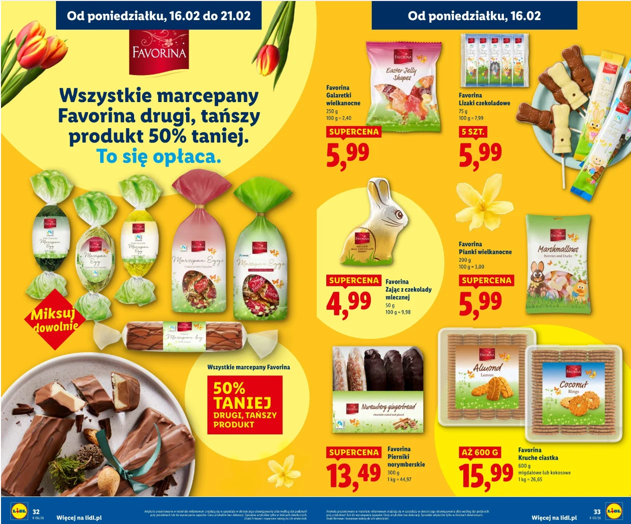 Produkty Favorina i słodycze Kinder w promocji - marcepany 50% taniej oraz wybrane słodycze w obniżonych cenach, źródło: gazetka Lidl, str. 32-33 