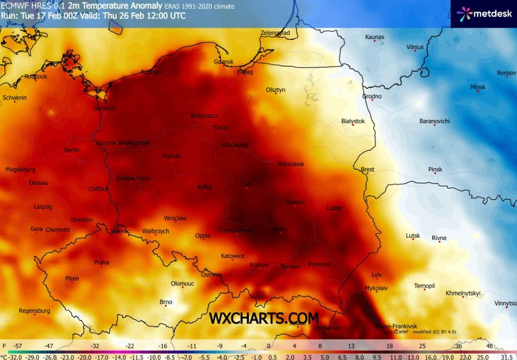 Masa ciepłego powietrza dotrze do Polski pod koniec weekendu i zostanie z nami na dłużej. Kolejny tydzień będzie wyraźnie cieplejszy Kolorowa mapa anomalii temperatury powietrza nad obszarem Polski oraz części sąsiednich krajów, z wyraźnie zaznaczonymi różnicami temperatur, gdzie centralna i zachodnia część kraju pokryta jest intensywnie czerwonymi barwami oznaczającymi wysokie doda...