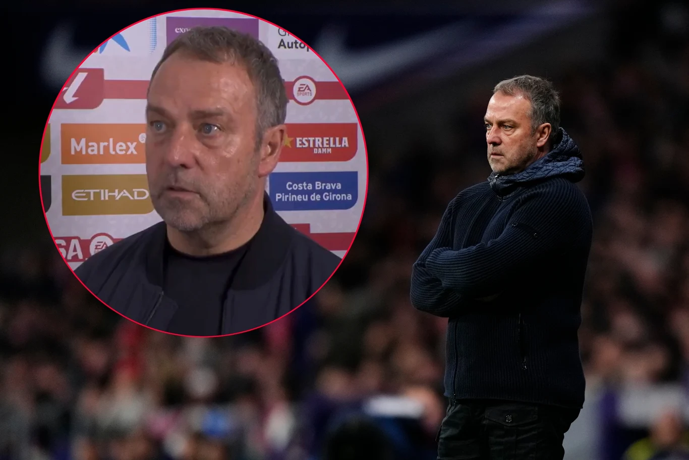 Hansi Flick postanowił niespodziewanie zakończyć wywiad po meczu Girona - Barcelona Mężczyzna w ciemnym swetrze stoi ze skrzyżowanymi ramionami na tle stadionu, w tle widać rozmytą publiczność. W okrągłej ramce pokazana jest jego zbliżona twarz podczas wywiadu na tle ściany sponsorów.