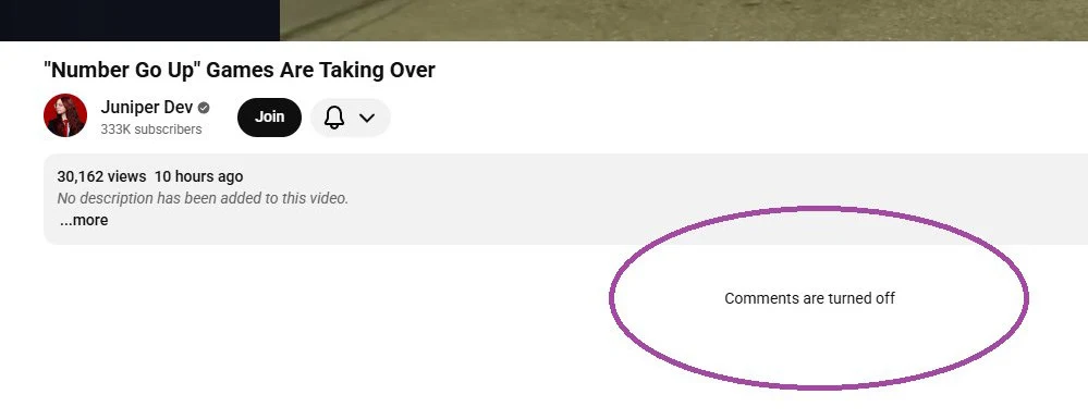 Interfejs strony z wideo przedstawiający kanał YouTube Juniper Dev oraz informację, że komentarze do filmu zostały wyłączone.