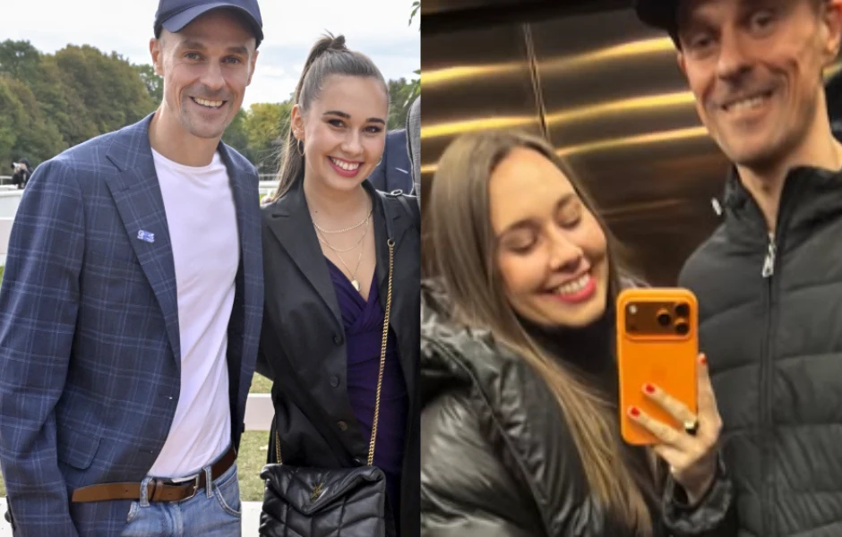 Piotr Żyła i Marcelina Ziętek na najnowszej fotografii Para uśmiechniętych dorosłych w różnych sceneriach, raz w terenie na tle zieleni, drugi raz podczas robienia selfie w windzie. Oboje ubrani swobodnie, kobieta trzyma telefon z pomarańczowym etui.