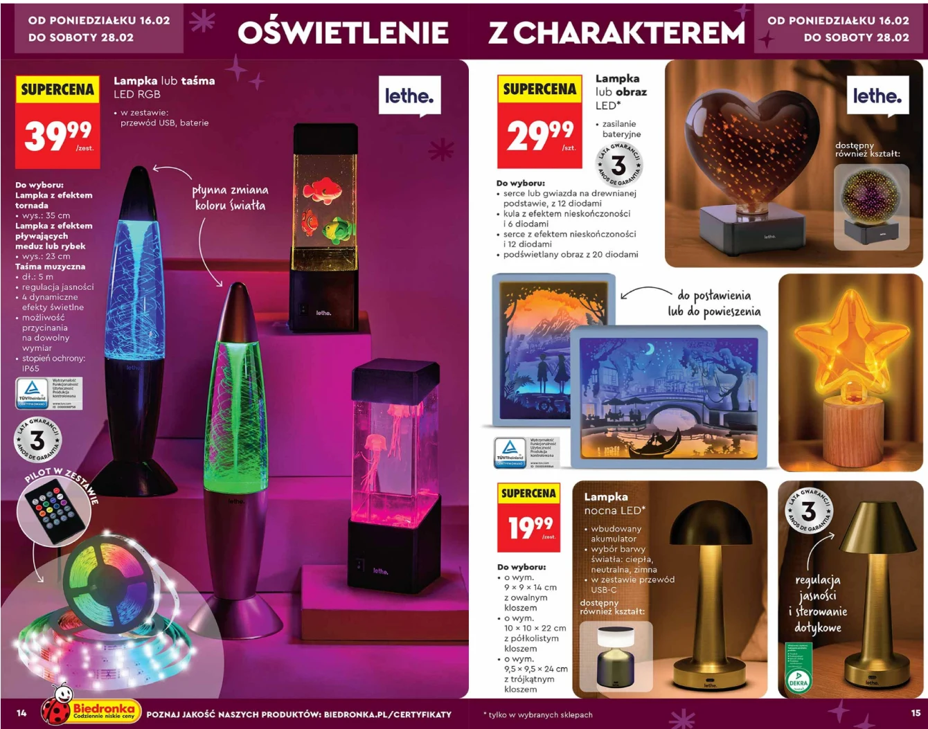Lampki LED Lethe oraz lampki nocne w nowej ofercie Biedronki – ceny od 19,99 zł do 39,99 zł. Źródło: gazetka Biedronki, str. 14-15 Lampki LED Lethe oraz lampki nocne w nowej ofercie Biedronki – ceny od 19,99 zł do 39,99 zł. Źródło: gazetka Biedronki, str. 14-15