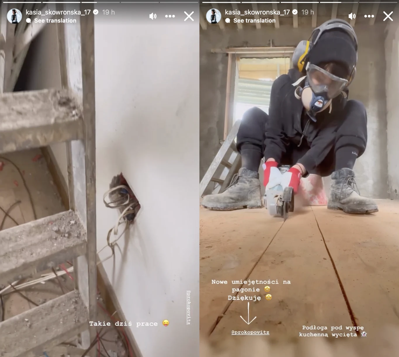 Osoba w maseczce ochronnej i okularach pracuje przy podłodze z użyciem elektronarzędzi, obok widoczne są przewody elektryczne wychodzące ze ściany, a całość znajduje się w pomieszczeniu w trakcie remontu.