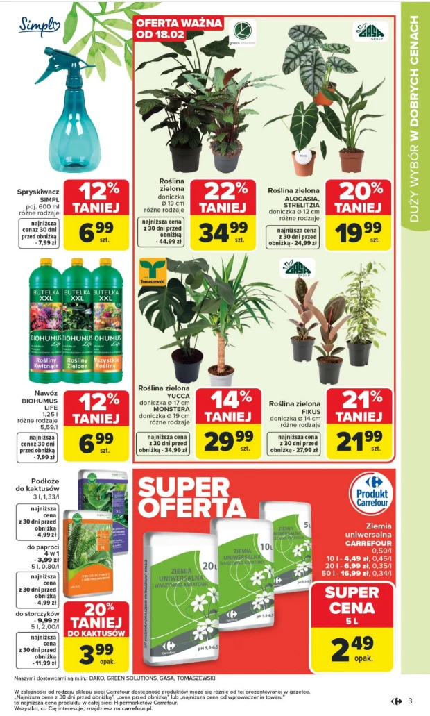 Rośliny zielone, ziemia i akcesoria ogrodowe. Źródło: gazetka Carrefour, str. 3