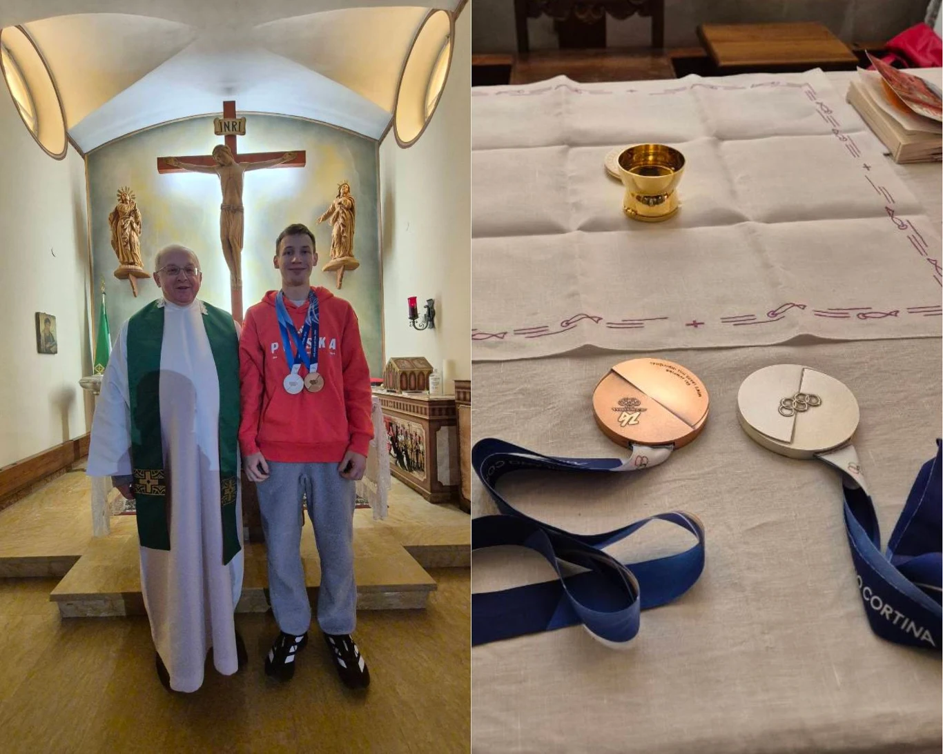 Ksiądz Edward Pleń z Kacprem Tomasiakiem w czasie mszy świętej dziękczynnej w Predazzo Kapłan w szatach liturgicznych oraz młody sportowiec z medalami na szyi stoją razem w kościele przed dużym krzyżem i rzeźbami. Obok, na ołtarzu leżą dwa medale oraz kielich liturgiczny ustawione na białym obrusie.