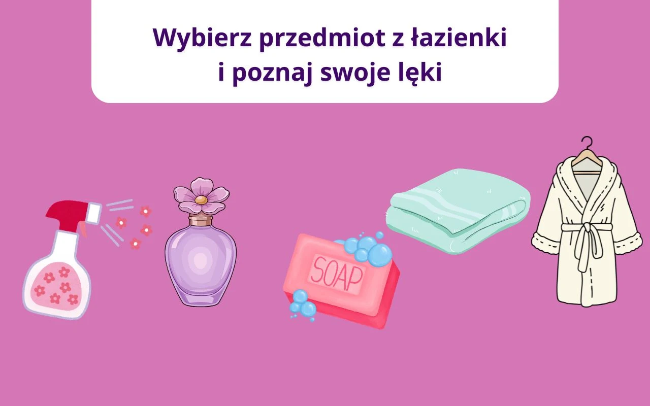 Rysunkowe przedmioty związane z łazienką: butelka ze spryskiwaczem, flakonik perfum, kostka mydła z pianą, ręcznik oraz szlafrok na wieszaku na fioletowym tle.