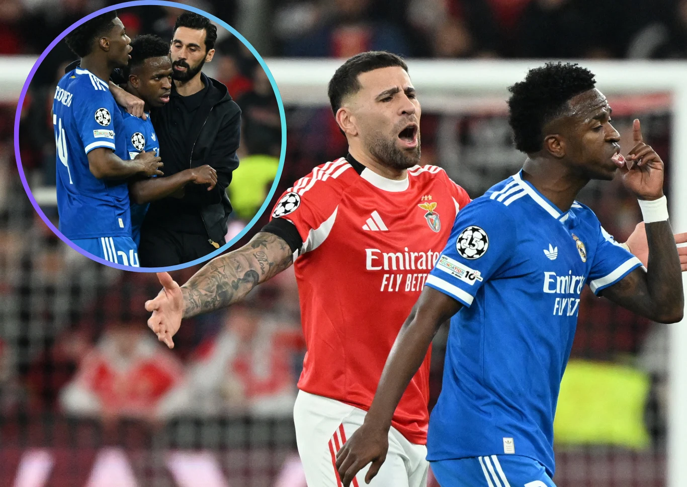 Vinicius Junior znalazł się w centrum skandalu w meczu z Benficą Zawodnik w niebieskim stroju wykonuje gest w kierunku kibiców lub przeciwników, piłkarz w czerwonym stroju wyraża emocje uniesionymi rękami i otwartymi ustami, w tle fragment publiczności. W lewym górnym rogu znajduje się powiększenie sytuacji z dwoma ...