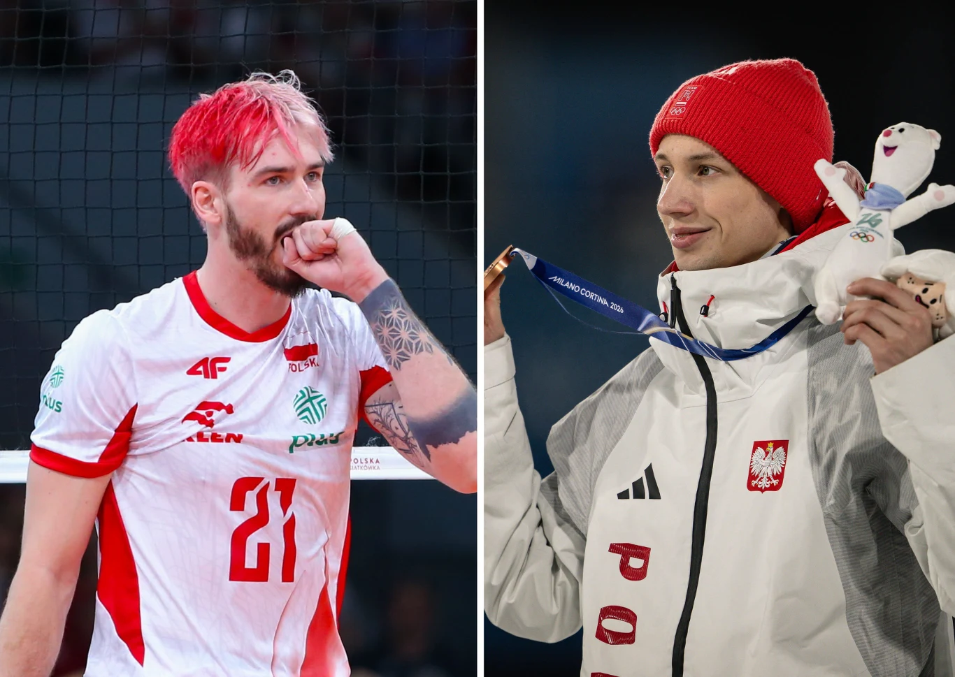 Tomasz Fornal i Kacper Tomasiak Dwa portrety sportowców w biało-czerwonych strojach z polskimi emblematami, po lewej siatkarz z różowymi włosami w geście skupienia, po prawej sportowiec w białej kurtce i czerwonej czapce trzymający medal oraz maskotkę.