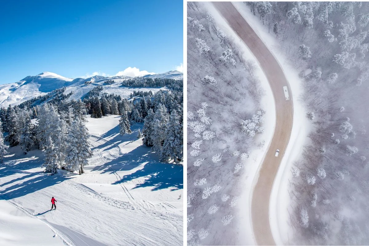 Oto prawdziwa górska przygoda Zimowe góry pokryte śniegiem z samotnym narciarzem na tle lasu oraz widok z lotu ptaka na krętą drogę przebiegającą przez zaśnieżony las.