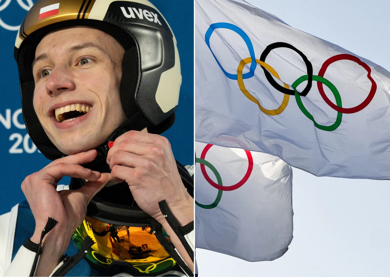 Kacper Tomasiak i flaga olimpijska Sportowiec w kasku z uśmiechem na twarzy zapina pasek pod brodą, obok na tle nieba widoczne są powiewające na wietrze flagi olimpijskie z kolorowymi pięcioma pierścieniami.