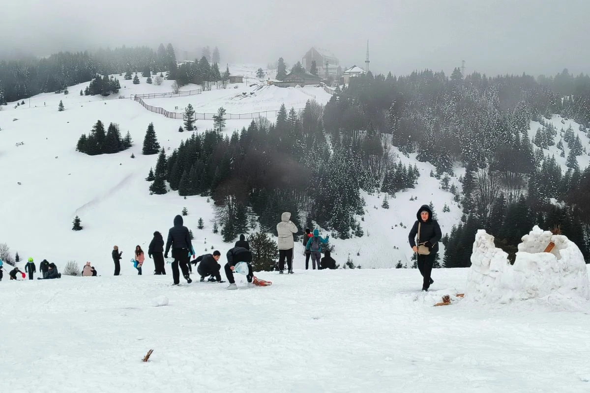 Nie czujesz się wytrawnym narciarzem? Miejsca odpowiednie do beztroskich zjazdów na sankach też się znajdą Ludzie bawiący się na ośnieżonym stoku górskim, niektórzy zjeżdżają na sankach, inni spacerują po śniegu, wokół porośnięte drzewami wzgórza i ośnieżone szczyty, w tle widoczne budynki na szczycie góry.