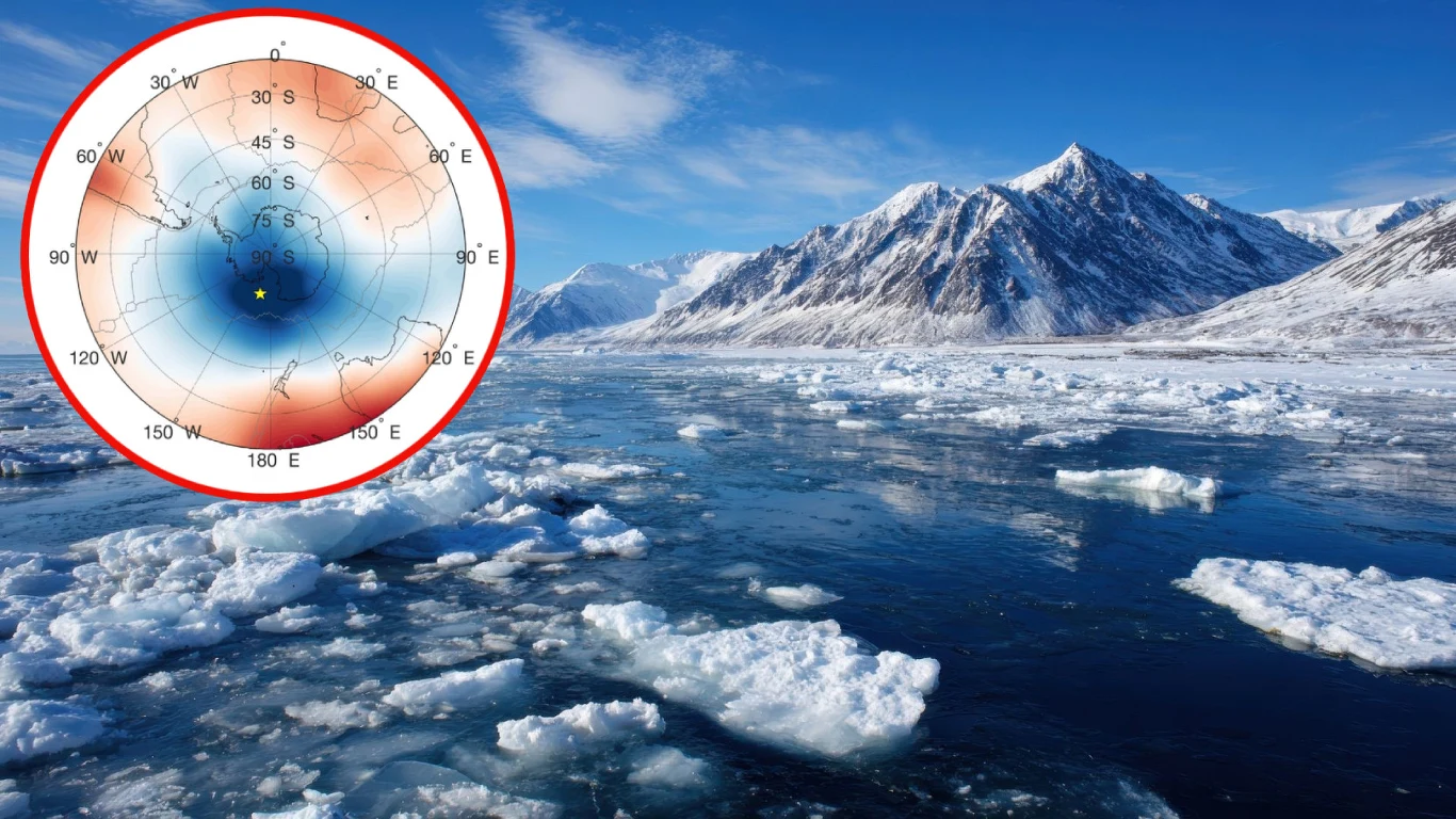 Dziura grawitacyjna na Antarktydzie to największa taka anomalia na świecie. Przyciąganie ziemskie jest tu słabsze Góry pokryte śniegiem i lód unoszący się na wodzie tworzą krajobraz polarny, na niebie wyraźne zachmurzenie. W lewym górnym rogu obrazek z mapą klimatyczną przedstawiającą zmiany temperatur wokół bieguna południowego.