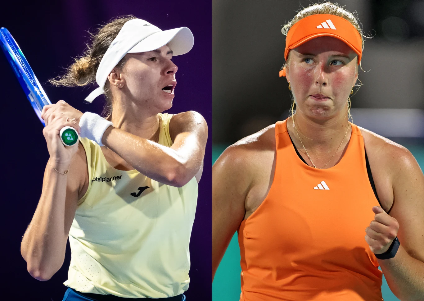 Magda Linette i Clara Tauson Dwie zawodniczki tenisowe w sportowych strojach, po lewej trzymająca rakietę, po prawej w pomarańczowym stroju i opasce na głowie, obie skoncentrowane na grze.