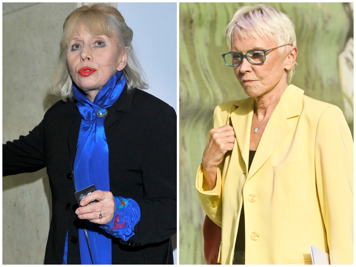 Barbara Wrzesińska, Ewa Błaszczyk Dwie starsze kobiety, każda sfotografowana osobno, jedna w czarnej marynarce i intensywnie niebieskiej koszuli, druga w żółtej marynarce z jasnofioletowymi włosami i okularami na tle rozmytego muralu.