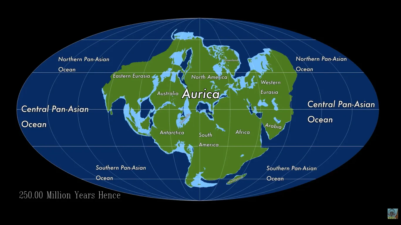 Schematyczna mapa pokazująca hipotetyczny superkontynent Aurica otoczony rozległymi oceanami, z oznaczeniami głównych części lądów i nazwami oceanów szacowanymi na 250 milionów lat w przyszłości.