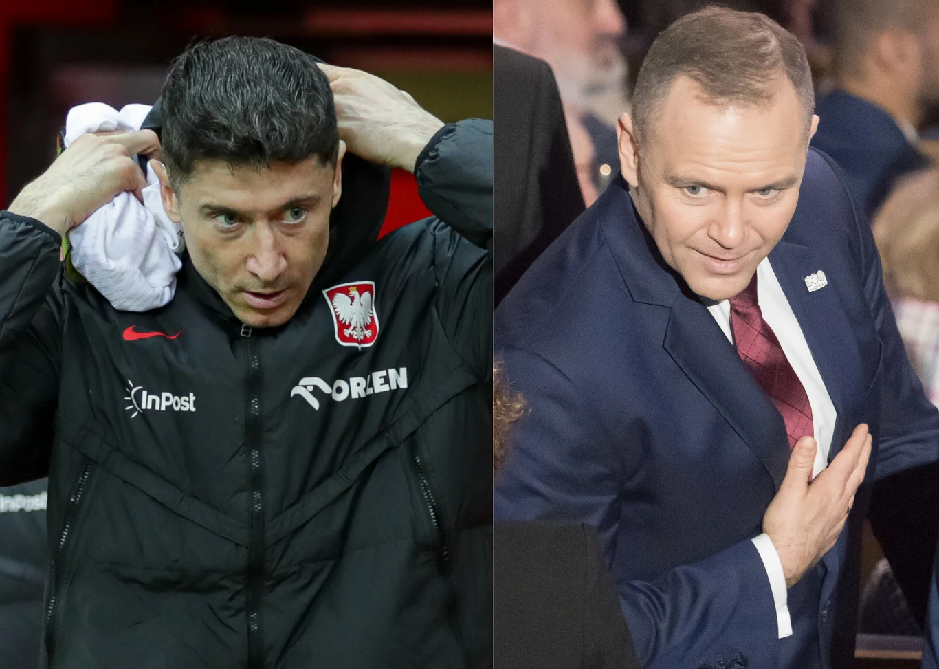 Na zdjęciu Robert Lewandowski oraz prezydent RP Karol Nawrocki Dwóch mężczyzn przedstawionych w kadrze dzielonym na pół, po lewej osoba w sportowej kurtce z herbem Polski poprawiająca kołnierz, po prawej elegancko ubrany mężczyzna w garniturze i czerwonym krawacie wykonujący gest dłonią.