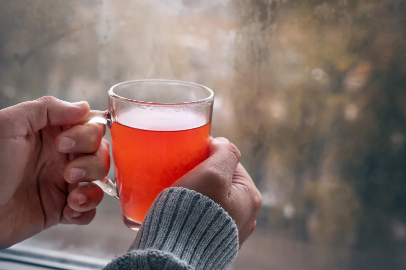 Chloropiryfos to zakazany w UE pestycyd, który wykryto w niektórych herbatach owocowych Ręka w swetrze trzyma przezroczysty kubek z ciepłym, czerwonym napojem, w tle zamglone okno i rozmazany widok za oknem.
