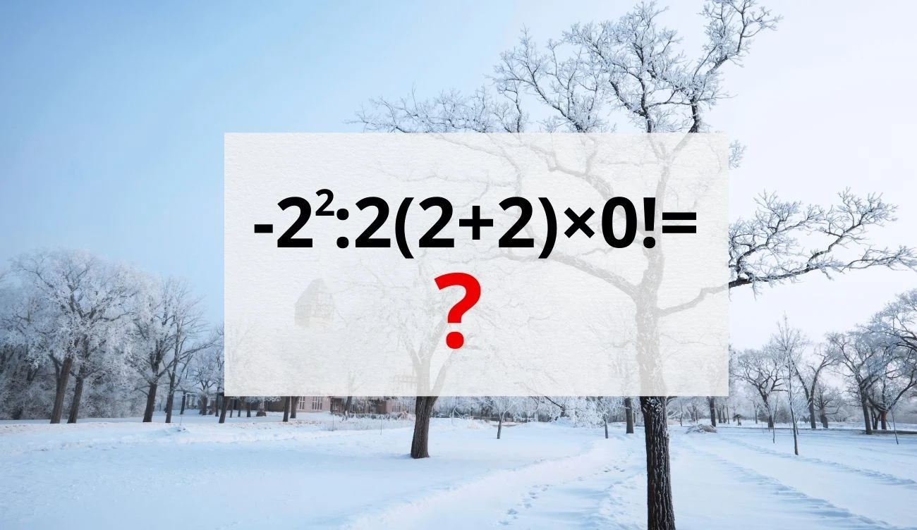 Spróbuj rozwiązać podchwytliwą zagadkę matematyczną Zimowy krajobraz z ośnieżonymi drzewami, w tle jasne niebo, centralnie na obrazie nałożony matematyczny wzór w białym prostokącie, poniżej duży czerwony znak zapytania.