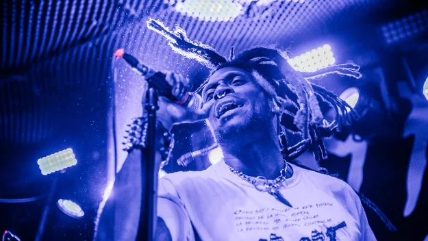 Mężczyzna z dredami śpiewający do mikrofonu na scenie, dynamiczne oświetlenie sceniczne i energetyczna poza podkreślają atmosferę koncertu.