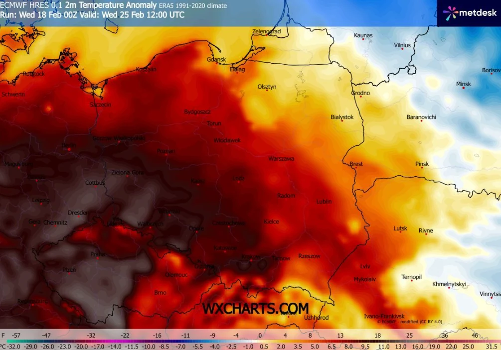W przyszłym tygodniu na południowym zachodzie może być ponad 15 stopni ciepła Kolorowa mapa anomalii temperatury powietrza nad Polską i częścią krajów sąsiadujących, ukazująca znaczne dodatnie odchylenia od normy, szczególnie w południowej i wschodniej części kraju. Legenda temperatury widoczna na dole, liczne miasta zaznaczone ...