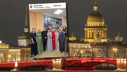 Polska artystka Agnieszka Babicz-Stasierowska wystąpiła dla Rosjan. W tle zdjęcie Petersburga, gdzie występ miał miejsce