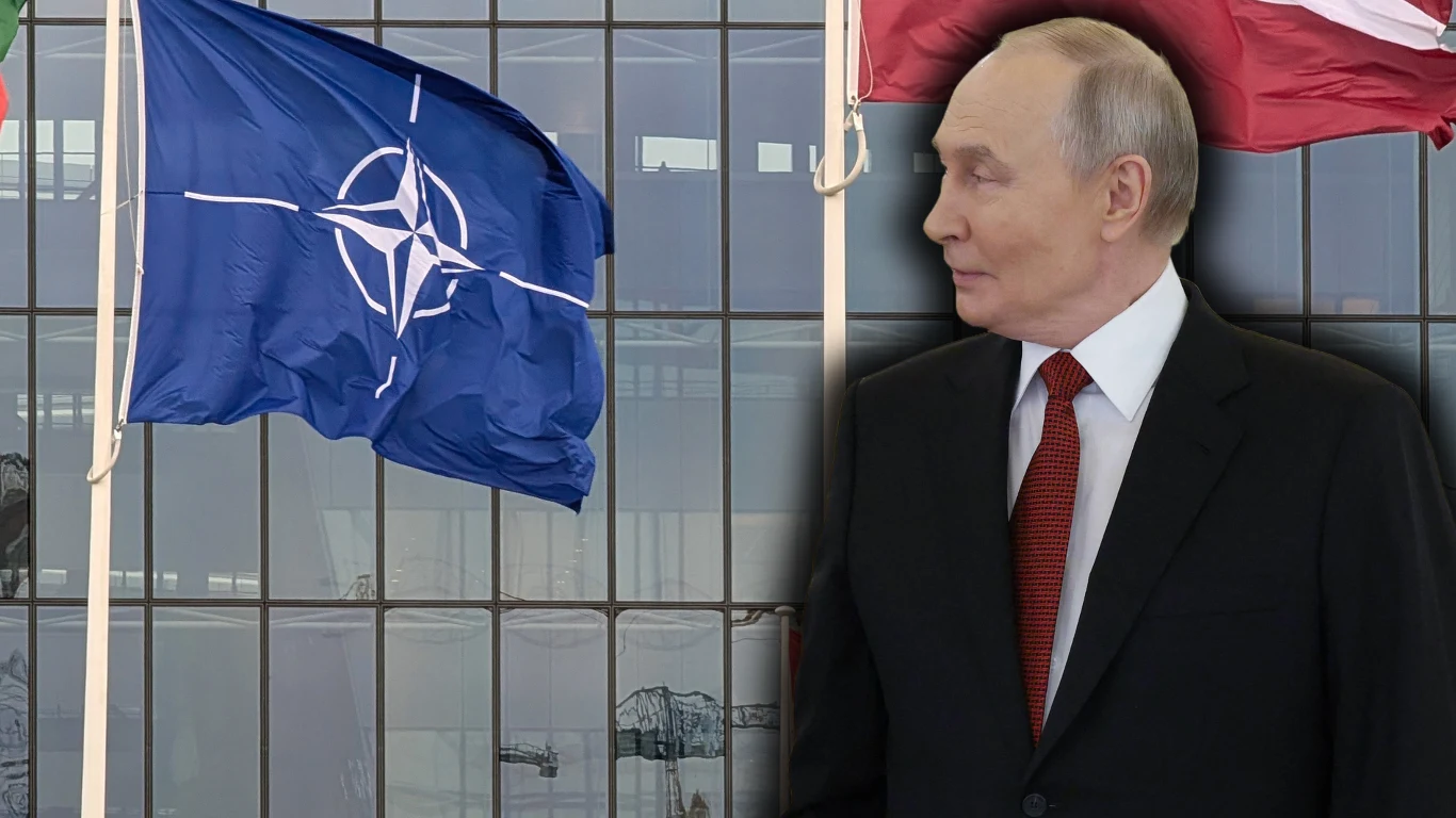 Władimir Putin zażądał, aby NATO nie rozszerzało się na wschód Flaga NATO na tle nowoczesnego budynku oraz mężczyzna w garniturze patrzący w prawo, po prawej stronie fragment flagi innego państwa.