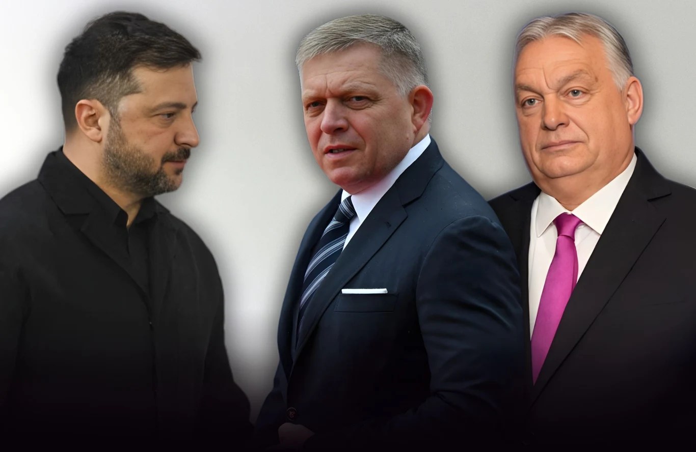 Niemiecka prasa o pomocy Ukrainie Trzech mężczyzn w eleganckich garniturach, ustawionych jeden obok drugiego, na neutralnym tle; każdy z nich ma poważny wyraz twarzy i patrzy w inną stronę.