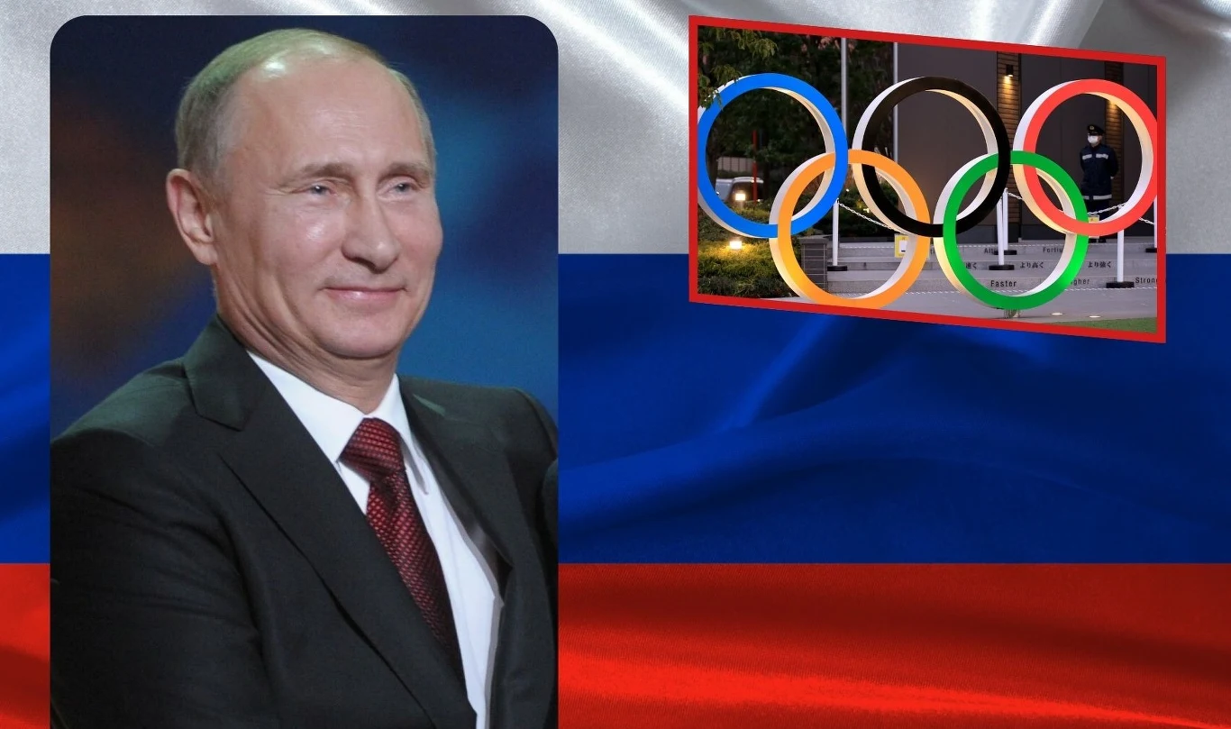 Portret mężczyzny w garniturze oraz pierścień olimpijski wkomponowany w tło z flagą Rosji.