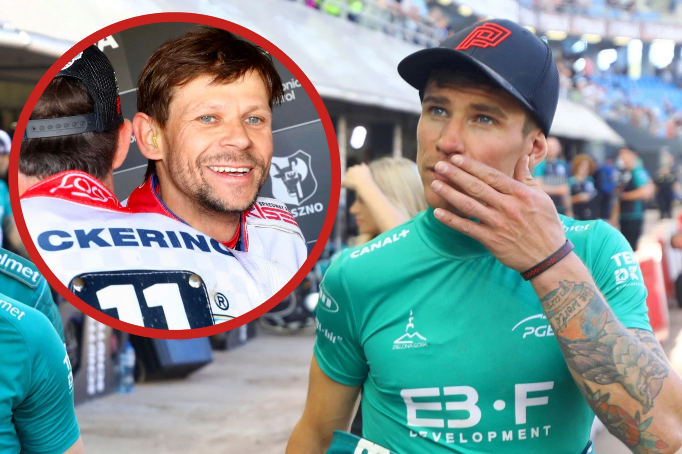 Kolejny Pawlicki wróci do klubu z Leszna? "To powinien być jeden z głównych celów" Mężczyzna w sportowym ubraniu z tatuażem na ramieniu przykłada rękę do ust, jakby był zamyślony lub przejęty, w tle stadion oraz inni uczestnicy wydarzenia, w lewym górnym rogu wstawiona okrągła ramka z drugim mężczyzną w stroju żużlowca z uśmiechem na...