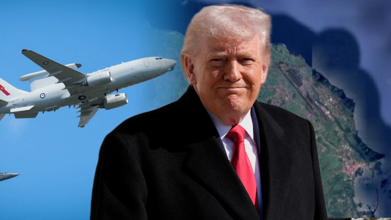 Amerykanie wysłali żołnierzy na Azory. Media o "przygotowaniach do operacji" Mężczyzna w garniturze i płaszczu na tle samolotu wojskowego lecącego po niebie oraz wycinka mapy lub zdjęcia satelitarnego terenu.