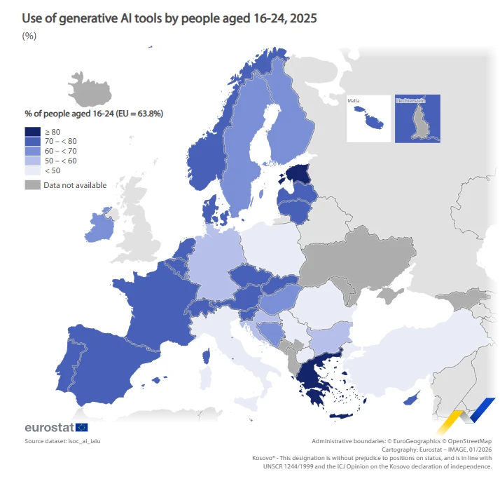 Mapa Eurostatu pokazuje "intensywność" korzystania z narzędzi AI wśród młodych Europejczyków Mapa Europy przedstawiająca prognozowany odsetek osób w wieku 16-24 lata korzystających z narzędzi AI generatywnej w 2025 roku, z podziałem na kraje według różnych poziomów procentowych użycia.