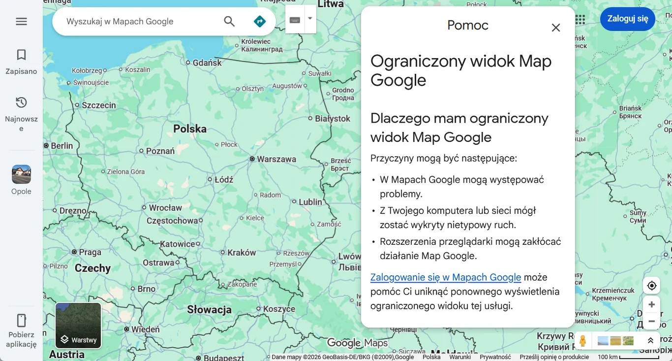 Mapa Europy Środkowej z widocznymi krajami takimi jak Polska, Niemcy, Czechy, Słowacja i Austria, nałożone okno pomocy Google Maps informuje o ograniczonym widoku mapy i przyczynach takiej sytuacji.