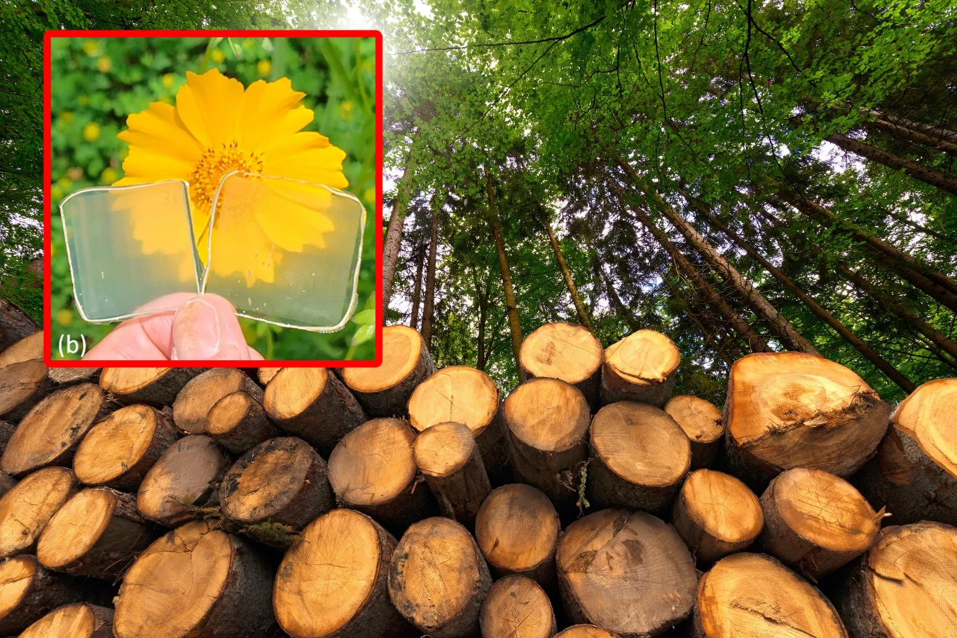 Przezroczyste drewno, które może zastąpić szkło Stosy ściętych pni drzew ułożone w lesie, w tle widoczne wysokie drzewa oraz zielone korony, na wstawce ręka trzyma przezroczyste soczewki nad żółtym kwiatem.